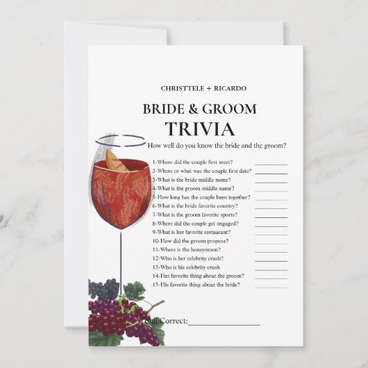 Vino voor geloften bride & Groom Trivia Game Kaart (Voorkant)