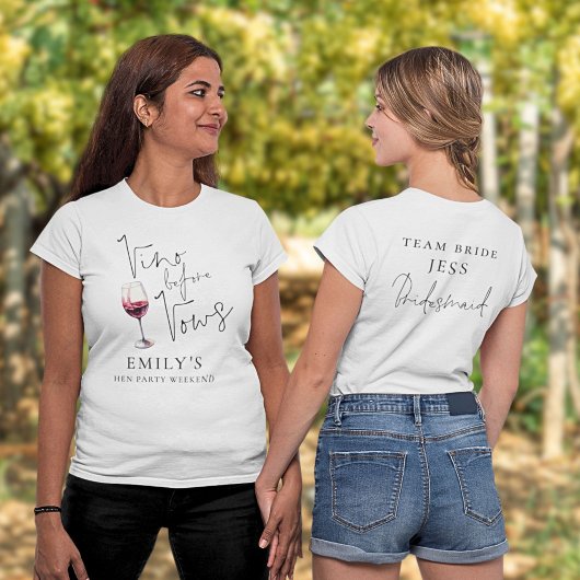 Vino voor geloften bruidsmeisje naam op back hen p t-shirt