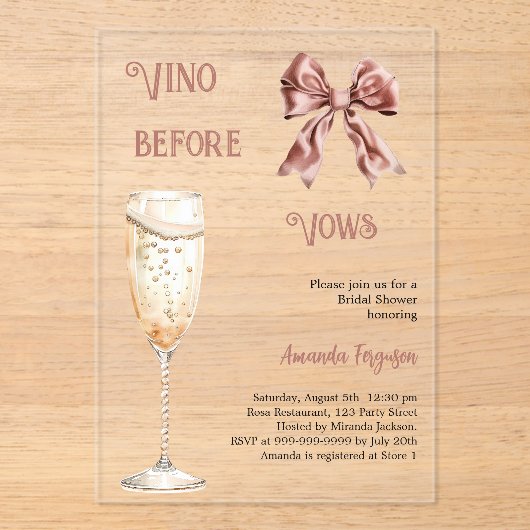 Vino voor geloften roze boog helder Vrijgezellenfe Acryl Uitnodigingen (Voorkant)