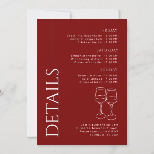 Vino voor het Bachelorette Weekend Kaart (Achterkant)