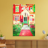 Vintae Red Victorian House Trees Flowers Canvas Afdruk (Insitu (Woonkamer))