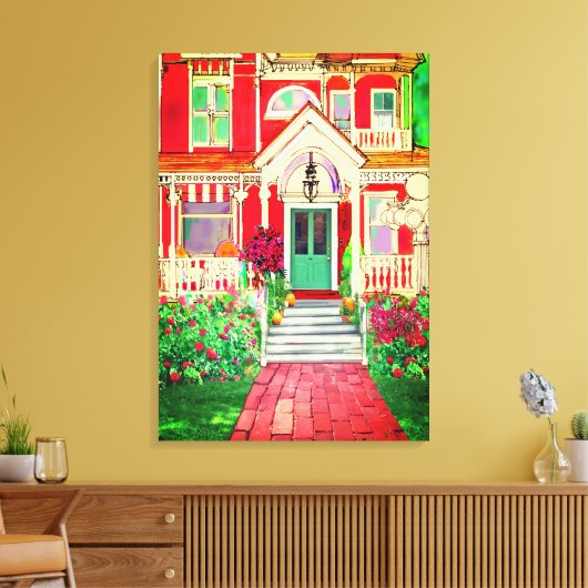Vintae Red Victorian House Trees Flowers Canvas Afdruk (Insitu (Woonkamer))