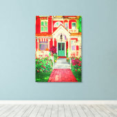Vintae Red Victorian House Trees Flowers Canvas Afdruk (Insitu (Houten vloer))