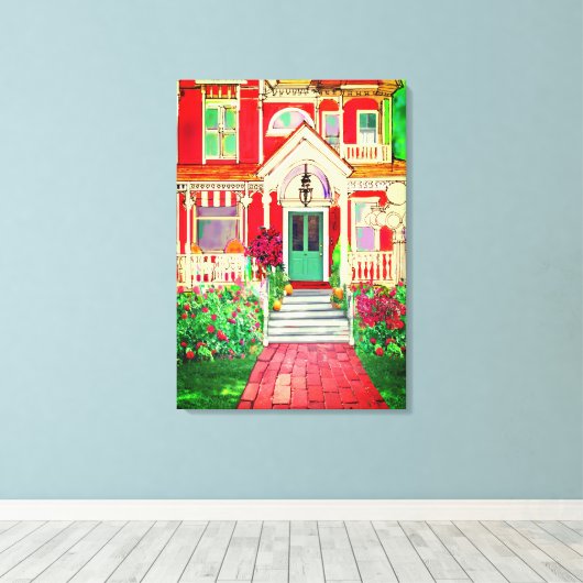 Vintae Red Victorian House Trees Flowers Canvas Afdruk (Insitu (Houten vloer))