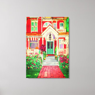 Vintae Red Victorian House Trees Flowers Canvas Afdruk
