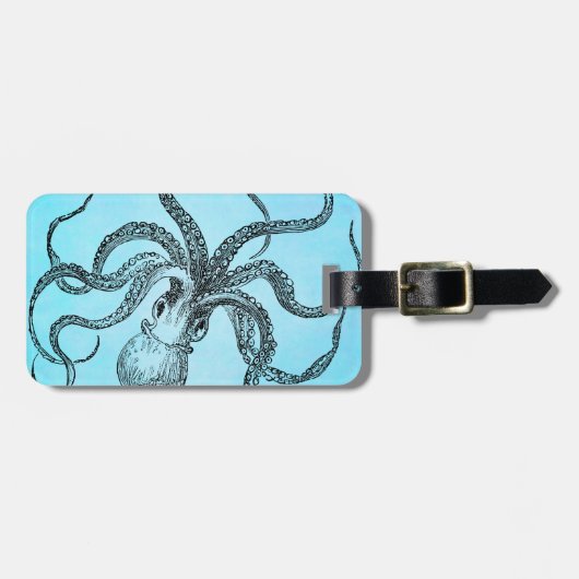 Vintage 1800-octopus op Blauwgroen blauwe Waterver Bagagelabel (Voorkant horizontaal)