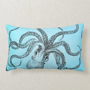 Vintage 1800-octopus op Blauwgroen blauwe Waterver Kussen