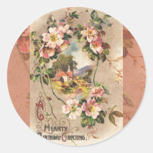 Vintage 1800s Victoriaanse verjaardags bloemrijke Ronde Sticker