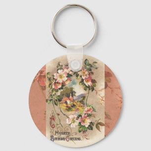 Vintage 1800s Victoriaanse verjaardags bloemrijke Sleutelhanger