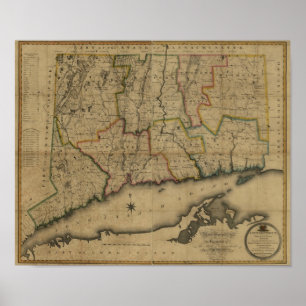 Vintage 1813 Connecticut-kaart Poster