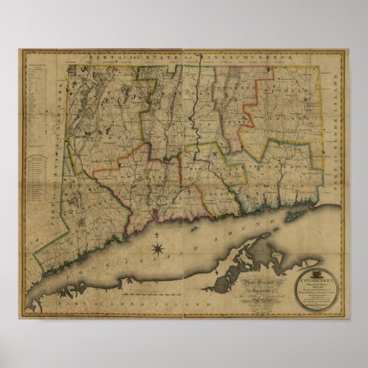 Vintage 1813 Connecticut-kaart Poster (Voorkant)