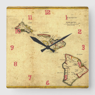 Vintage 1837 Hawaii-kaart - Hawaiiaanse eilanden Vierkante Klok