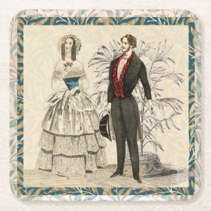 Vintage 1844 Victoriaanse Huwelijksillustratie Kartonnen Onderzetters