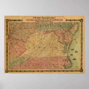 Vintage 1861 Kaart van Virginia, Maryland & Delawa Poster