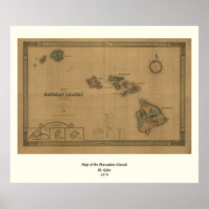 Vintage 1876 Hawaii-kaart - Hawaiiaanse eilanden Poster