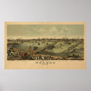 Vintage 1876 Toledo Ohio-kaart Poster