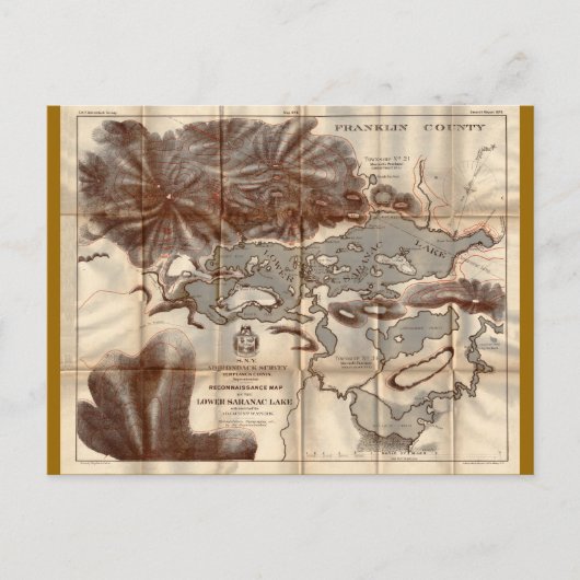 Vintage 1879 Lager Saranac Lake Reconnaissance Map Briefkaart (Voorkant)