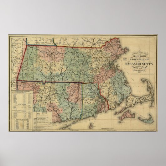 Vintage 1879 Massachusetts & Rhode Island Map Poster (Voorkant)