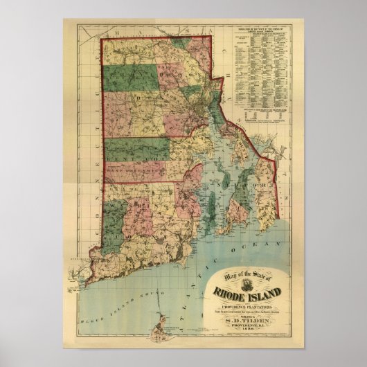 Vintage 1880 Rhode Island Map Poster (Voorkant)
