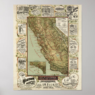 Vintage 1895 Californische fietsenfietskaart Poster