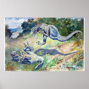 Vintage 1897 Strijd tegen dinosauriërs door Charle Poster