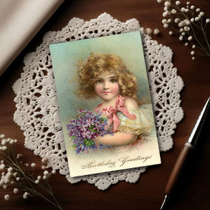 Vintage 1904 Blond meisje viooltjes verjaardag Briefkaart