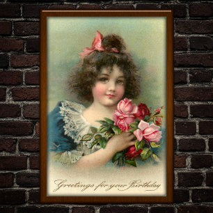 Vintage 1904 Meisje Roze Rozen Verjaardagsposter Poster