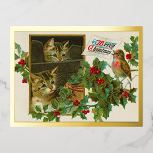 Vintage 1911 Katten met Bird Merry KerstGold Folie Feestdagen Briefkaart