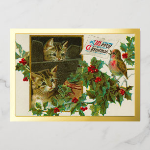 Vintage 1911 Katten met Bird Merry KerstGold Folie Feestdagenkaart