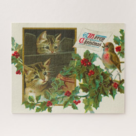 Vintage 1911 Katten met kerstfeest met vogel Legpuzzel (Horizontaal)