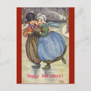 Vintage 1914 Afbeelding Nederlands Kinderen Schaat Feestdagenkaart