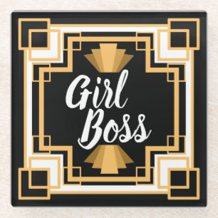 vintage 1920   Art Deco Black & Gold Girl Boss Glazen Onderzetter