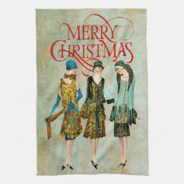 Vintage 1930's Vrouwen Kerstgroet Theedoek