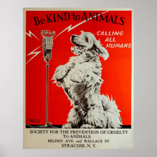 Vintage 1938 Wees vriendelijk voor dieren, een opr Poster