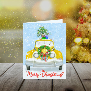 Vintage 1950's New York Gele Kerst Taxi Feestdagen Kaart