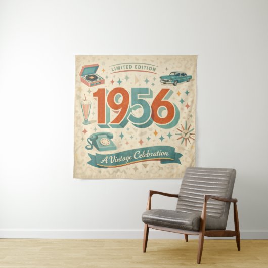 Vintage 1956 Birthday Tapestry | 50s Retro Style Wandkleed (In situ)