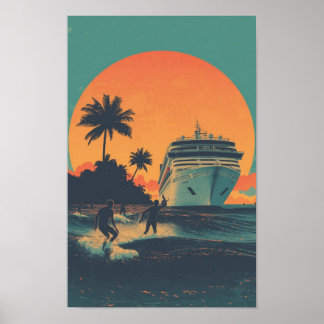 Vintage 1970s Cruise Ship Sunset Poster – Retro Tr