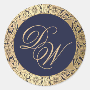 Vintage 2 Initialen Monogram Marine Blauw Goud Roz Ronde Sticker