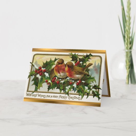 Vintage 2 Robins en Kerstmis Feestdagen Kaart (Voorkant)