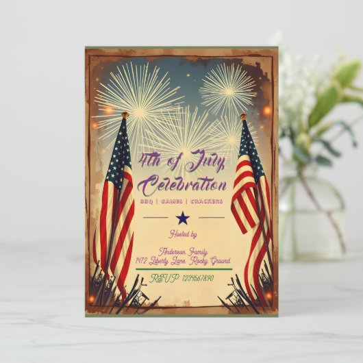 Vintage 4 juli BBQ Uitnodiging (Staand voorkant)