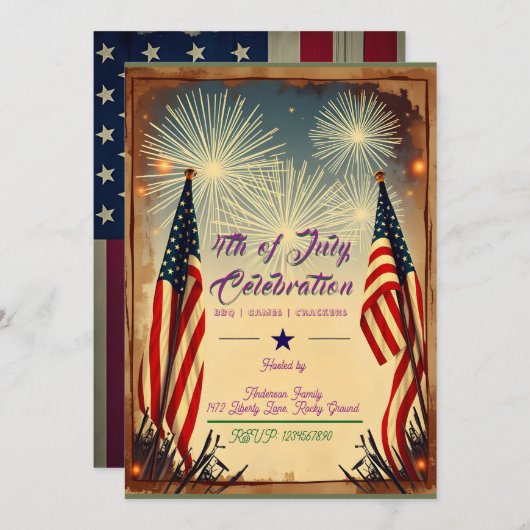 Vintage 4 juli BBQ Uitnodiging (Voorkant / Achterkant)