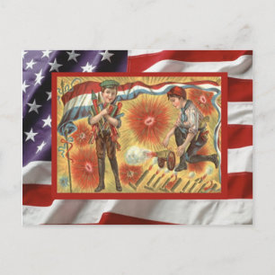 Vintage 4 juli, Feest, vuurwerk, jongens Uitnodiging Briefkaart