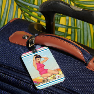 Vintage 50s Strand Pin-Up Model Meisje Kunst Bagagelabel