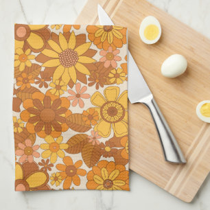 Vintage 70-s Retro Floral Pattern Brown Yellow Theedoek