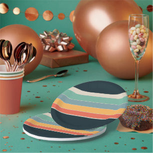 Vintage 70s marineblauw roze & geel gestreept papieren bordje
