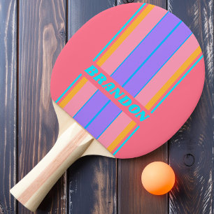 Vintage 80s Neon Zonsopgang Board Strepen met Naam Tafeltennisbatje