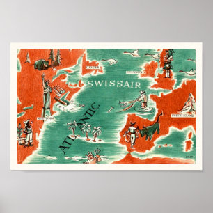 Vintage 8x12 Geïllustreerde Swissair Kaart Afdrukk Poster