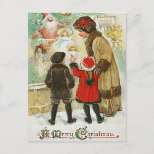 Vintage A Zorgrijke kerstfamilie moeder en kind Feestdagenkaart