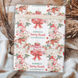 Vintage Aardbei Bes Zoete 3e Verjaardag  Cadeaupapier