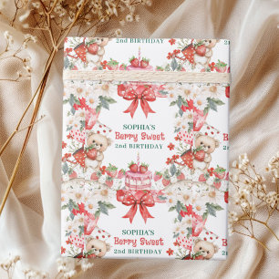 Vintage Aardbei Zoete 2de Verjaardag Cadeaupapier